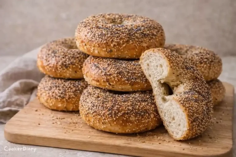 Side angle view of stacked everything bagels with visible crumb