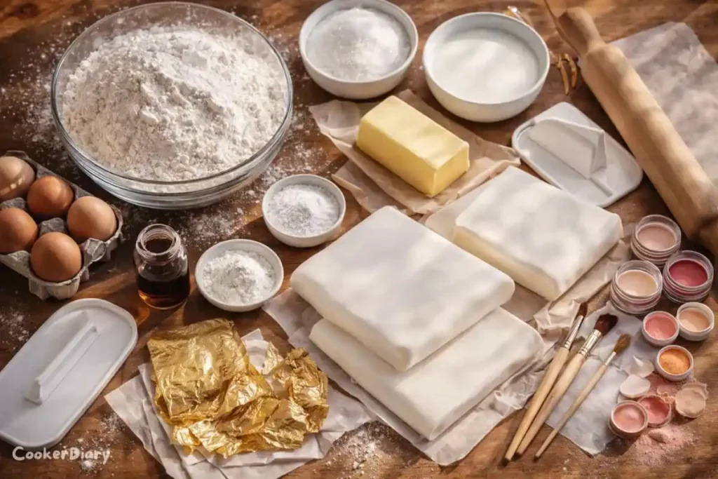 Flat-lay of ingredients for floral fondant wedding cake including fondant, gum paste, and gold leaf.