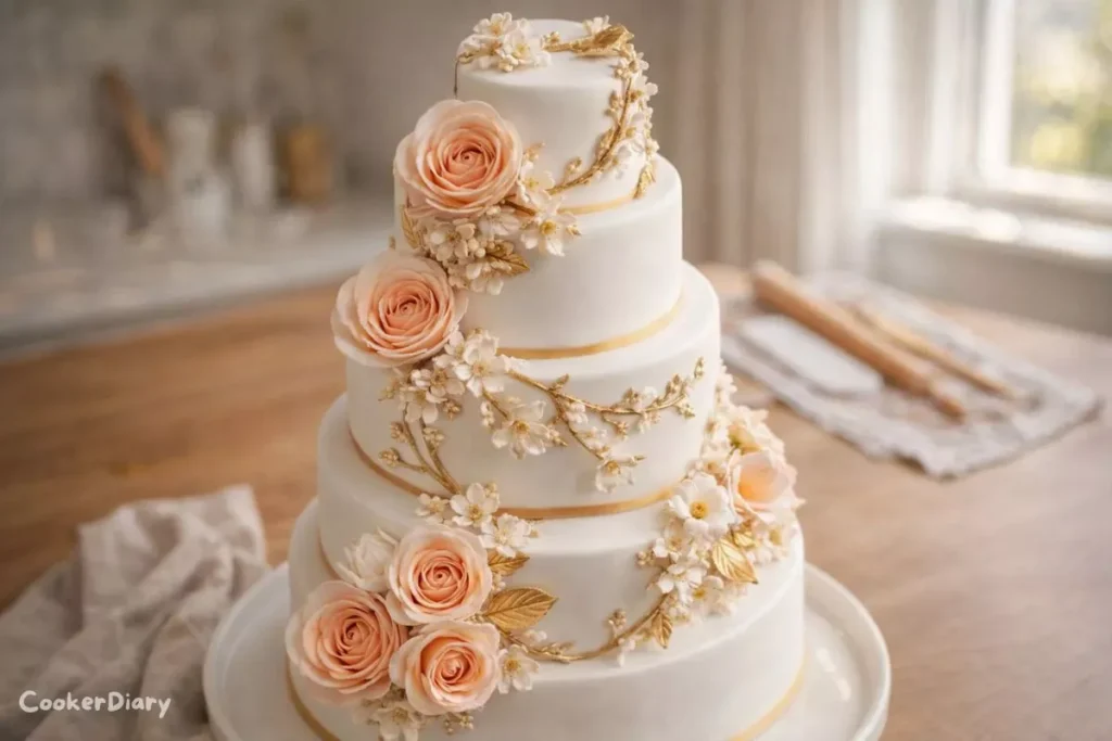 Angled close-up of three-tiered floral wedding cake showing layers, fondant texture, and gold accents.