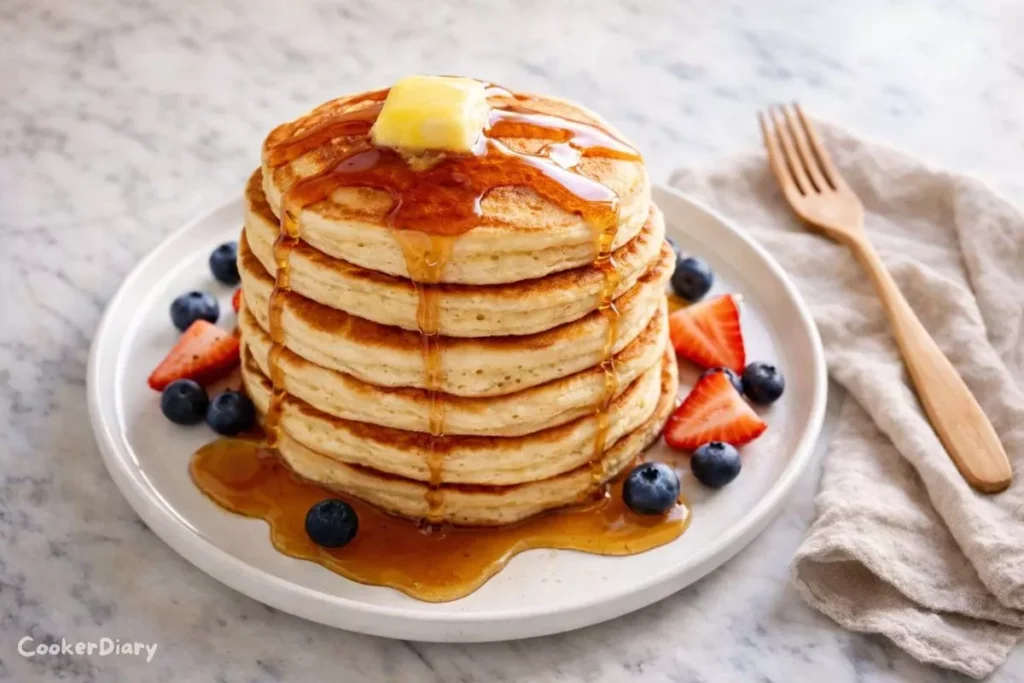 Fluffy homemade pancakes topped with butter and maple syrup on a marble kitchen counter