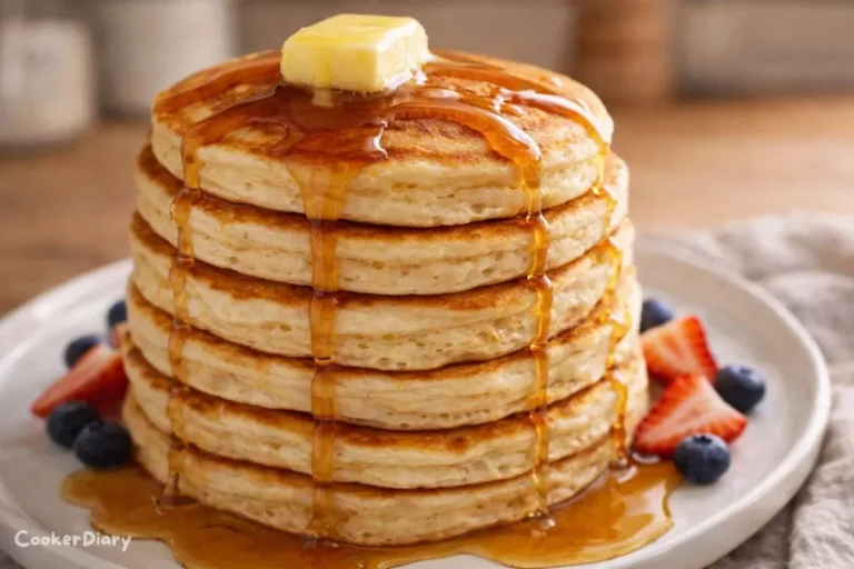 Side view of fluffy pancakes with syrup and butter