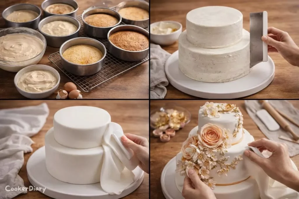 Four-step composite showing the process of baking, crumb coating, fondant covering, and floral decorating for the cake.