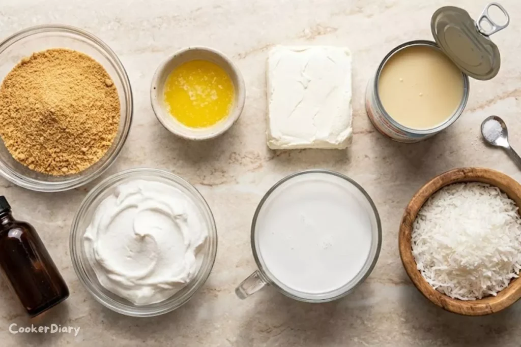 Ingredients for frozen coconut cake arranged on a countertop