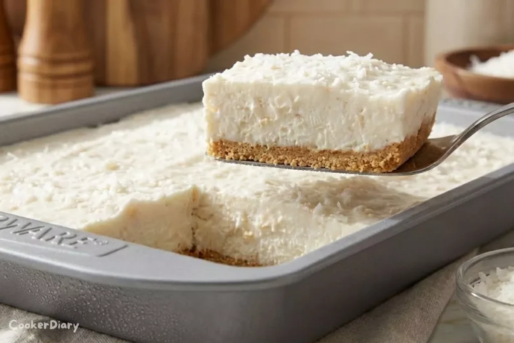 Side view of frozen coconut cake slice