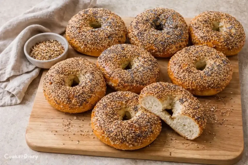 Freshly baked everything bagels with sesame and poppy seeds on a wooden board