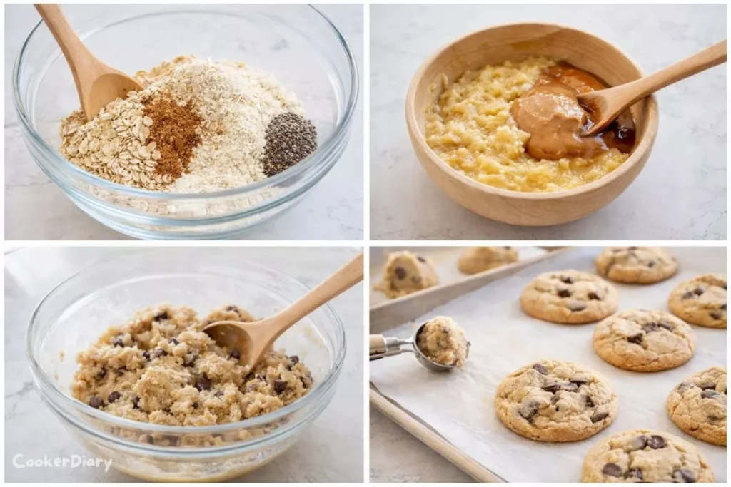 Step-by-step visual guide showing preparation of the cookies from mixing ingredients to baked cookies.