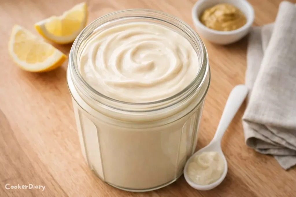 Top-down view of creamy homemade vegenaise in a glass jar on a wooden counter.