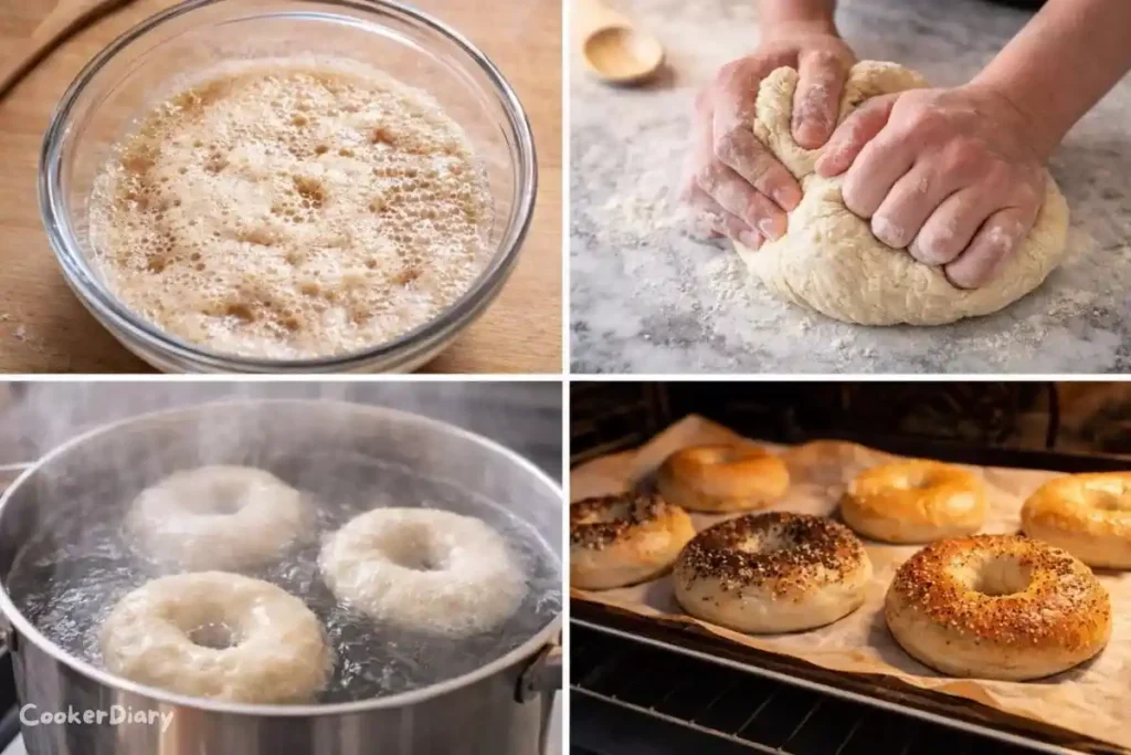 Four-step visual guide showing how to make New York-style bagel recipe