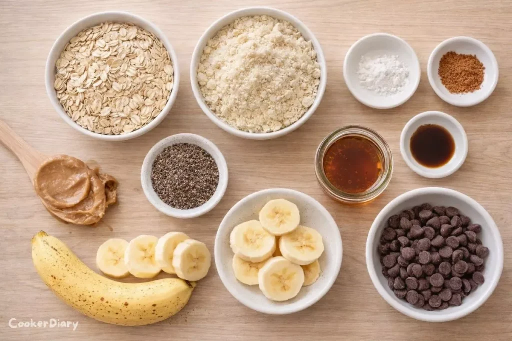 Flat-lay of raw ingredients for insomnia cookies including oats, almond flour, banana, almond butter, honey, and chocolate chips.