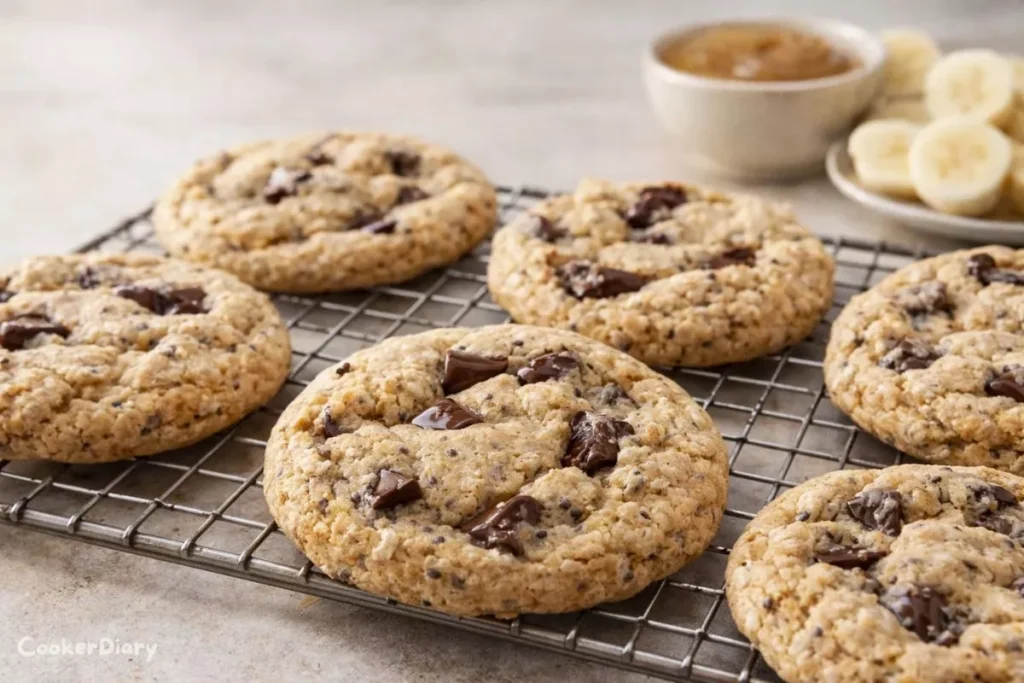 Side-angle view of insomnia cookies on a cooling rack showing texture and thickness.