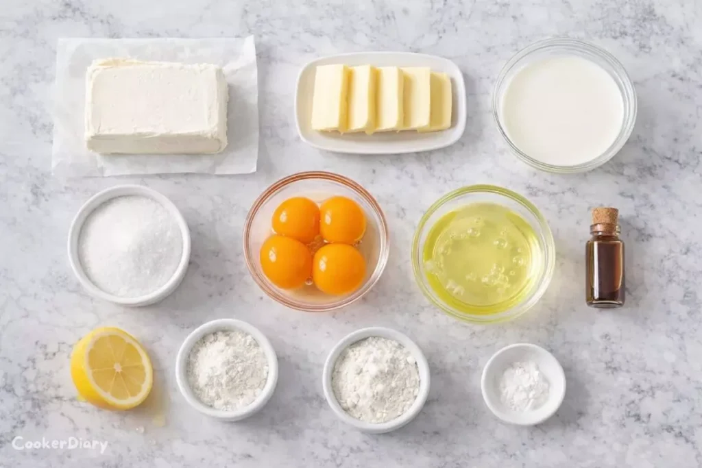 Ingredients for Japanese cheesecake arranged on a light kitchen surface