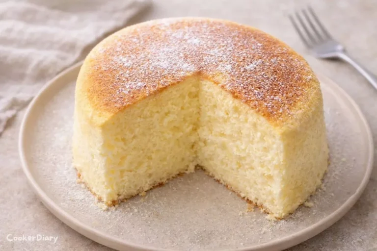 Side view of fluffy Japanese cheesecake showing soft interior texture