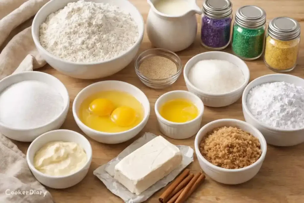Flat lay of King Cake baking ingredients
