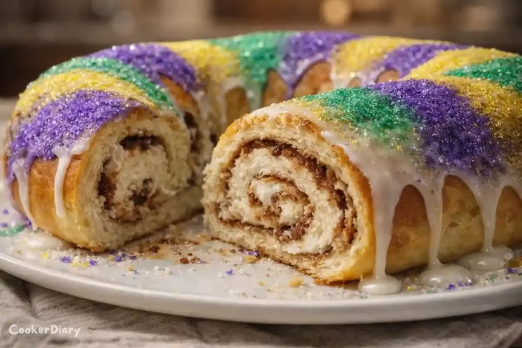 Side angle of sliced King Cake showing filling
