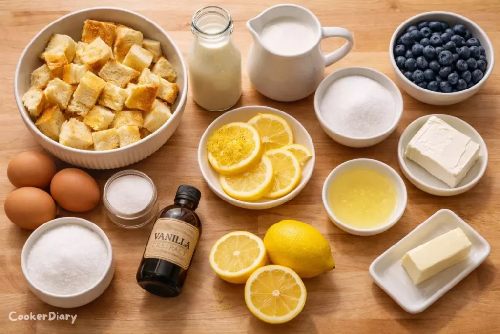 Flat-lay of lemon soufflé French toast ingredients on wood counter