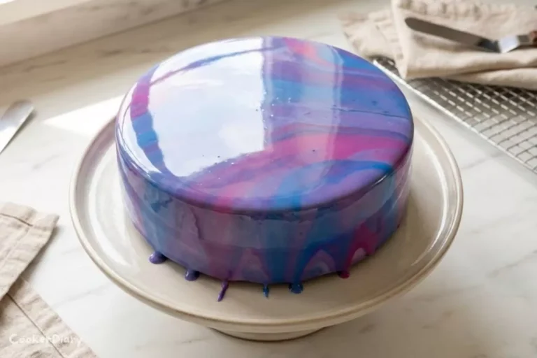 Mirror glaze cake with glossy colorful glaze on marble surface, top-down view