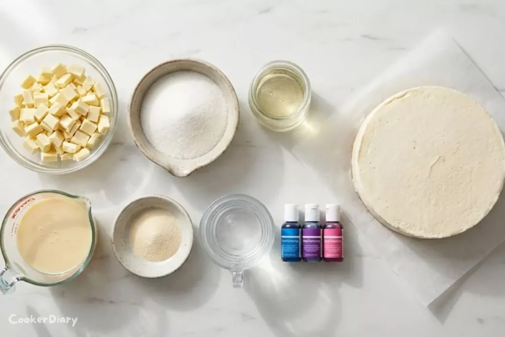 Ingredients for mirror glaze cake arranged on marble surface