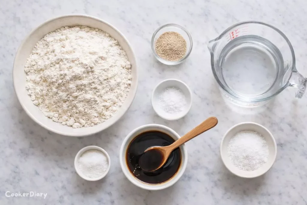 Ingredients for New York-style bagel recipe arranged on a marble counter