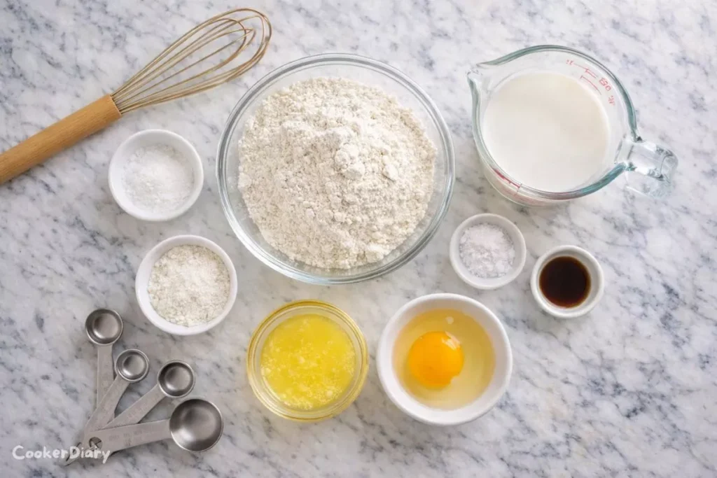 Ingredients for fluffy pancake recipe arranged on a marble countertop
