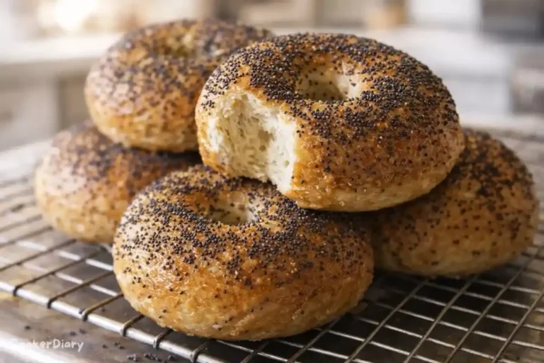 Side-angle view of golden poppy seed bagels stacked on a cooling rack