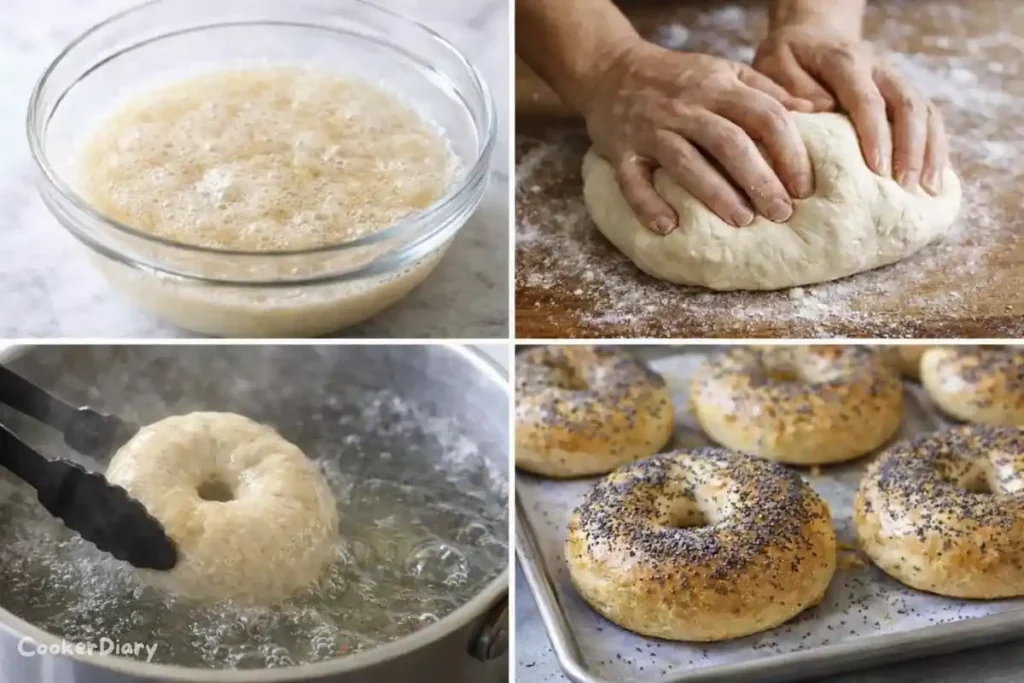 Step-by-step process of making poppy seed bagels from dough to baking