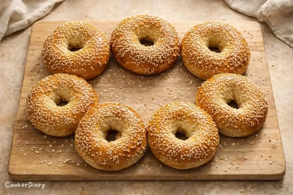 Freshly baked sesame seed bagels arranged on a wooden board