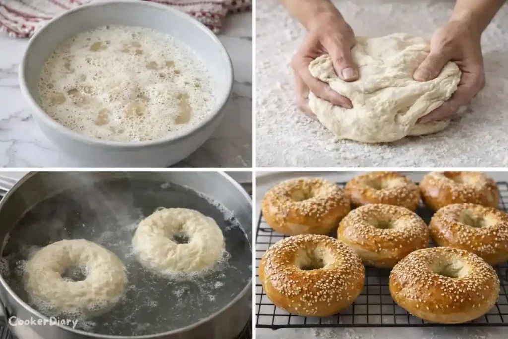 Step-by-step process of making sesame seed bagels