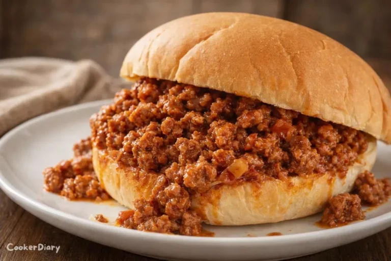 Angled close-up of sloppy joe sandwich with saucy beef filling.