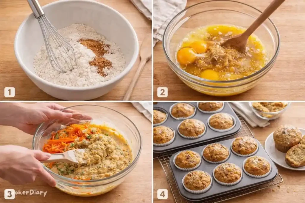 Four-step composite image showing making the muffins from mixing ingredients to baked muffins on a cooling rack.