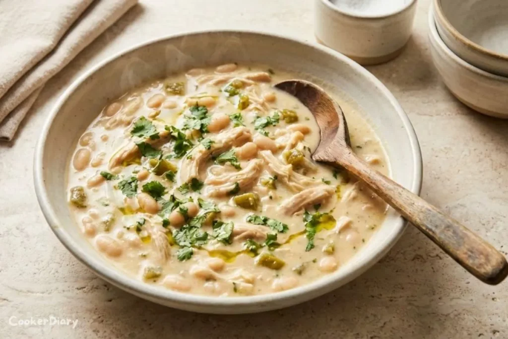 Creamy white chicken chili served in a bowl with cilantro garnish and steam rising