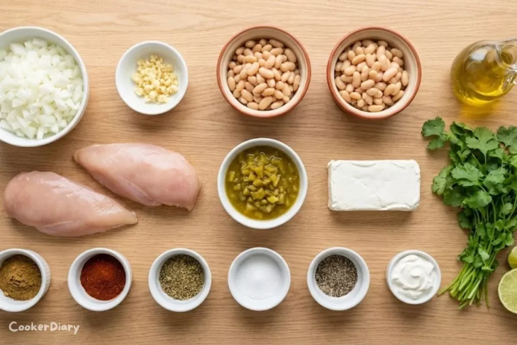 Ingredients for white chicken chili arranged on a kitchen counter