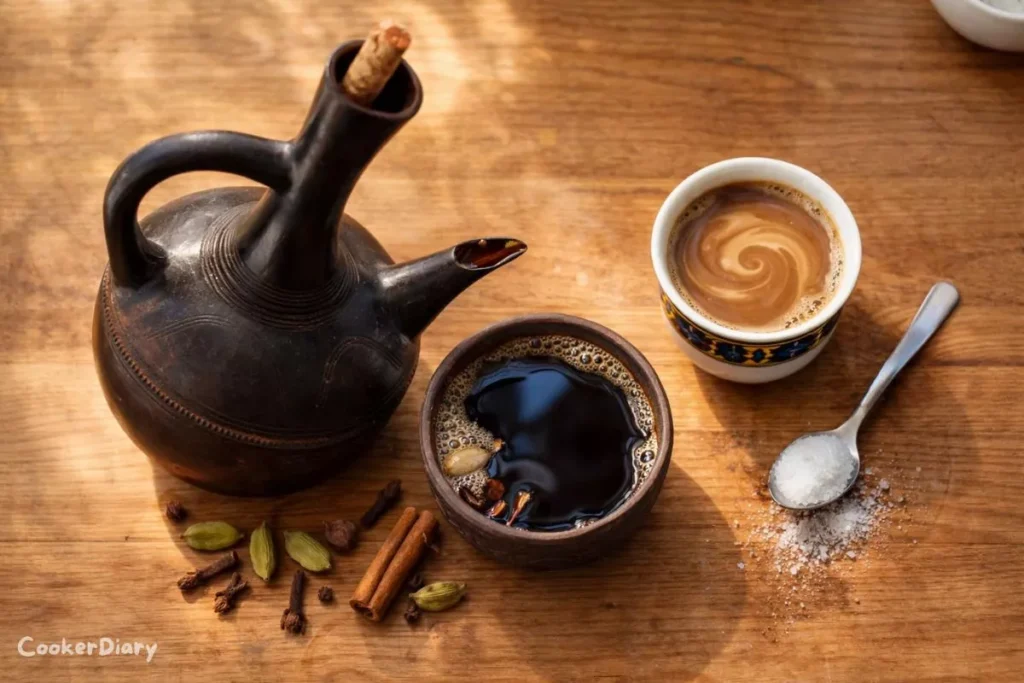 Top-down view of freshly brewed traditional African coffee in a Jebena with cardamom, cloves, cinnamon, and optional milk and sugar on a wooden counter.