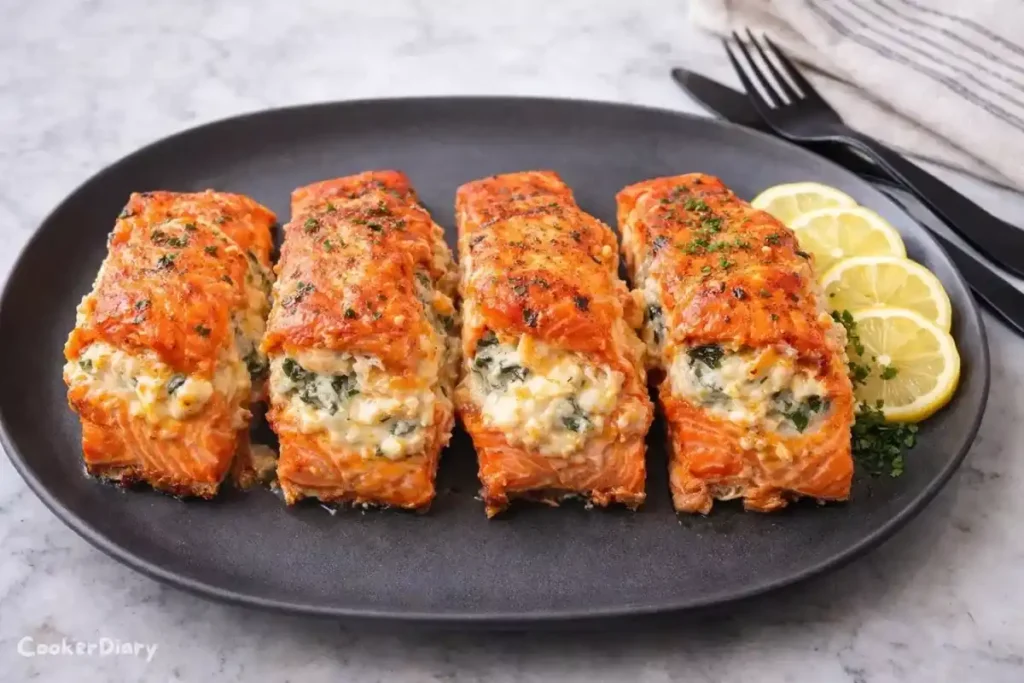Top-down view of air fryer stuffed salmon fillets filled with creamy spinach and cheese on a ceramic platter.