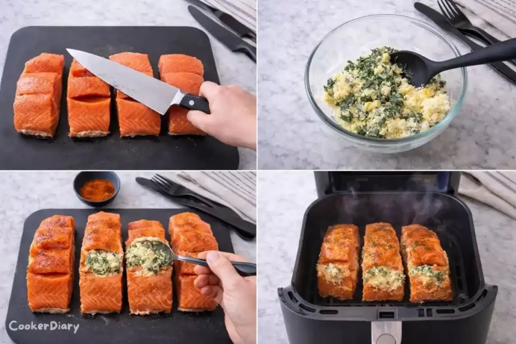 Four-step composite showing slicing salmon, mixing filling, stuffing fillets, and air frying salmon.