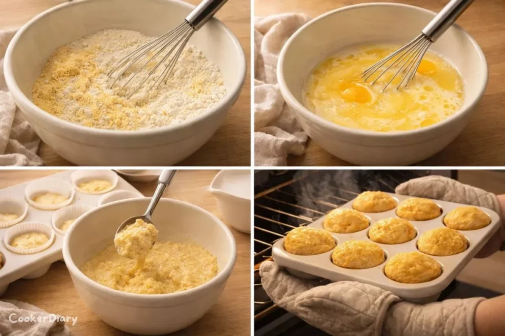 Four-step collage showing mixing dry ingredients, mixing wet ingredients, filling muffin cups, and baked corn muffins.
