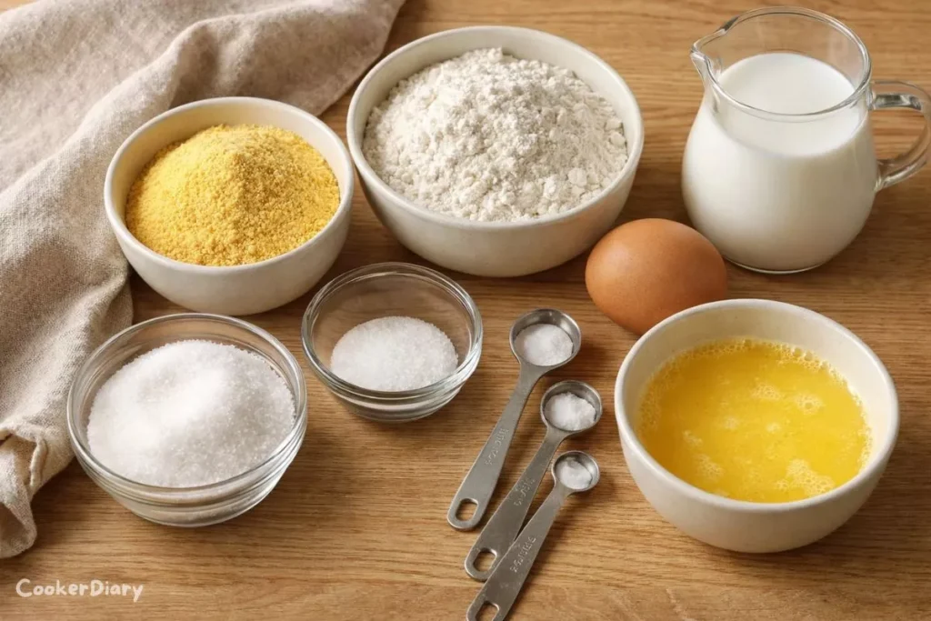 Flat-lay of cornmeal, flour, sugar, egg, milk, baking powder, salt, and butter for corn muffins.