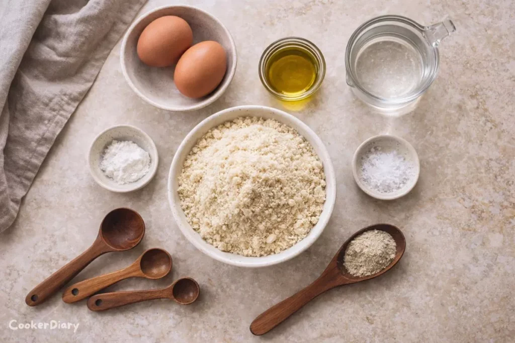 Flat lay of almond flour flatbread ingredients arranged in ceramic bowls on marble counter