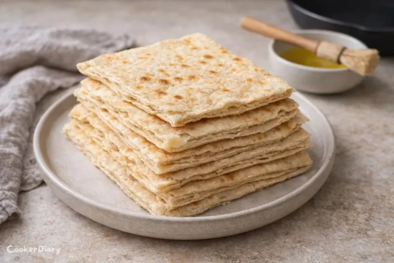 Angled close-up of stacked almond flour flatbread showing soft texture and golden browning