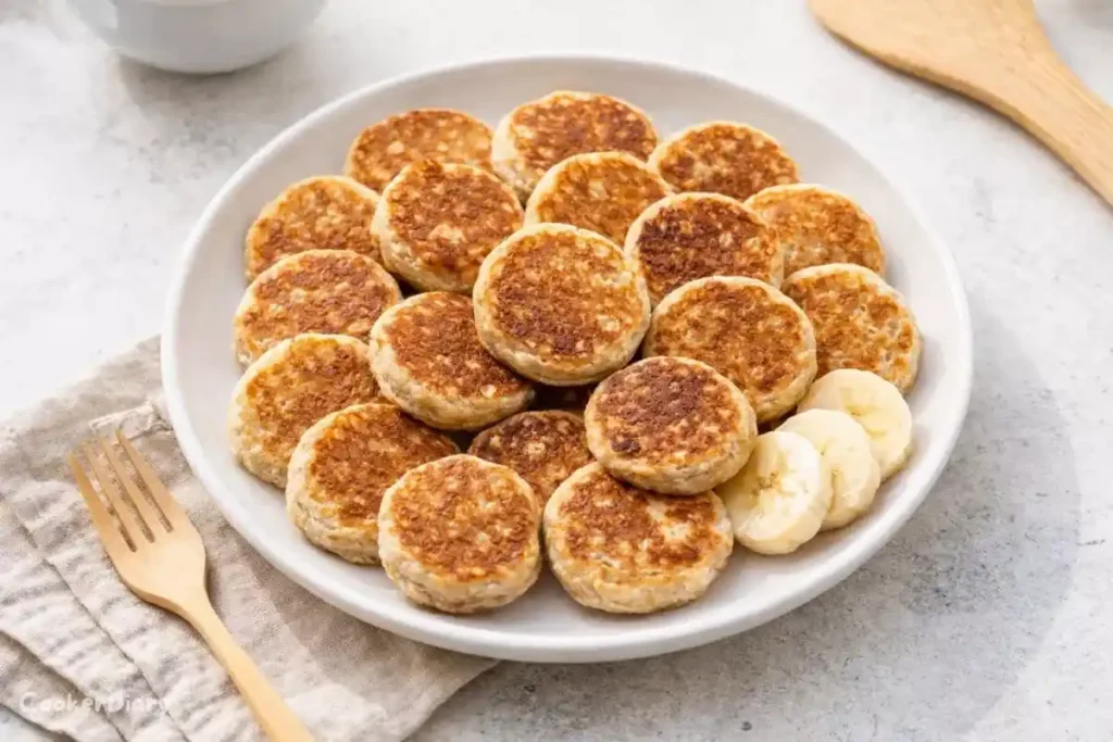 Fluffy baby banana oat pancakes served on a white plate with banana slices