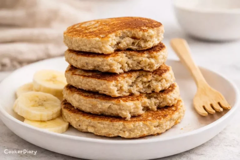 Side-angle view of stacked baby banana oat pancakes