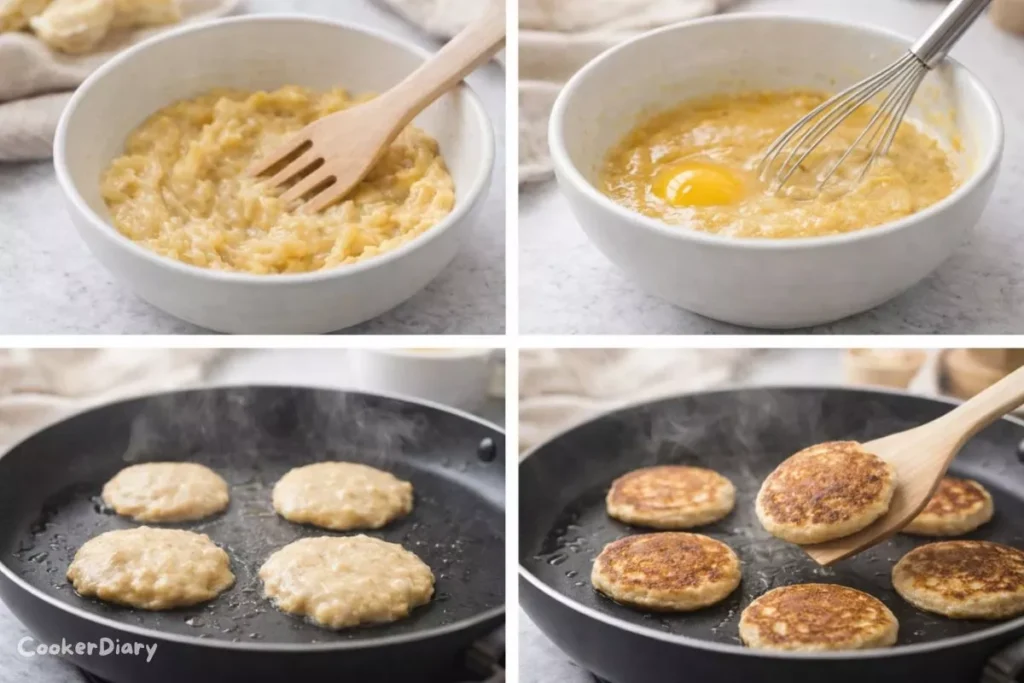 Four-step process of making Baby Pancake Recipe from mashing to flipping