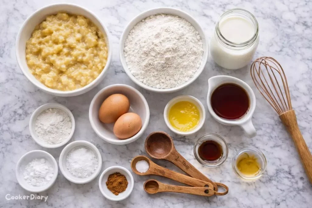 Flat-lay of banana waffle ingredients including bananas, flour, eggs, milk, butter, and spices.