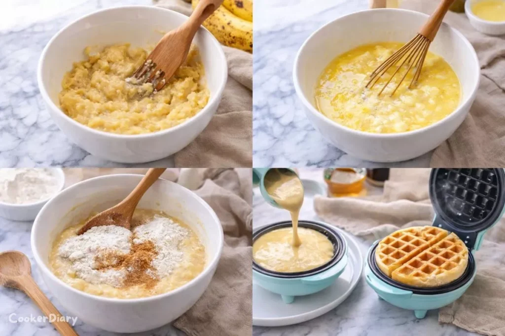 Four-step banana waffle recipe process showing mashing bananas, mixing batter, combining ingredients, and cooking waffles.