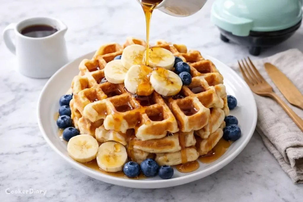 Top-down view of golden homemade banana waffles topped with syrup and fresh fruit on marble counter.