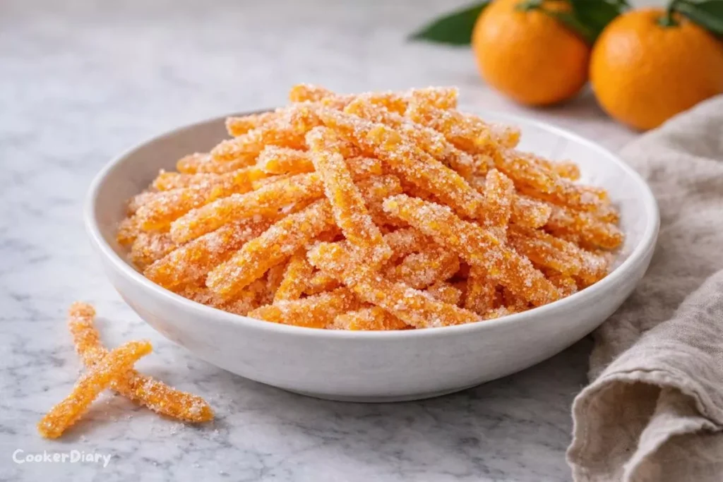 Angled close-up of candied orange peel strips stacked inside a white bowl.