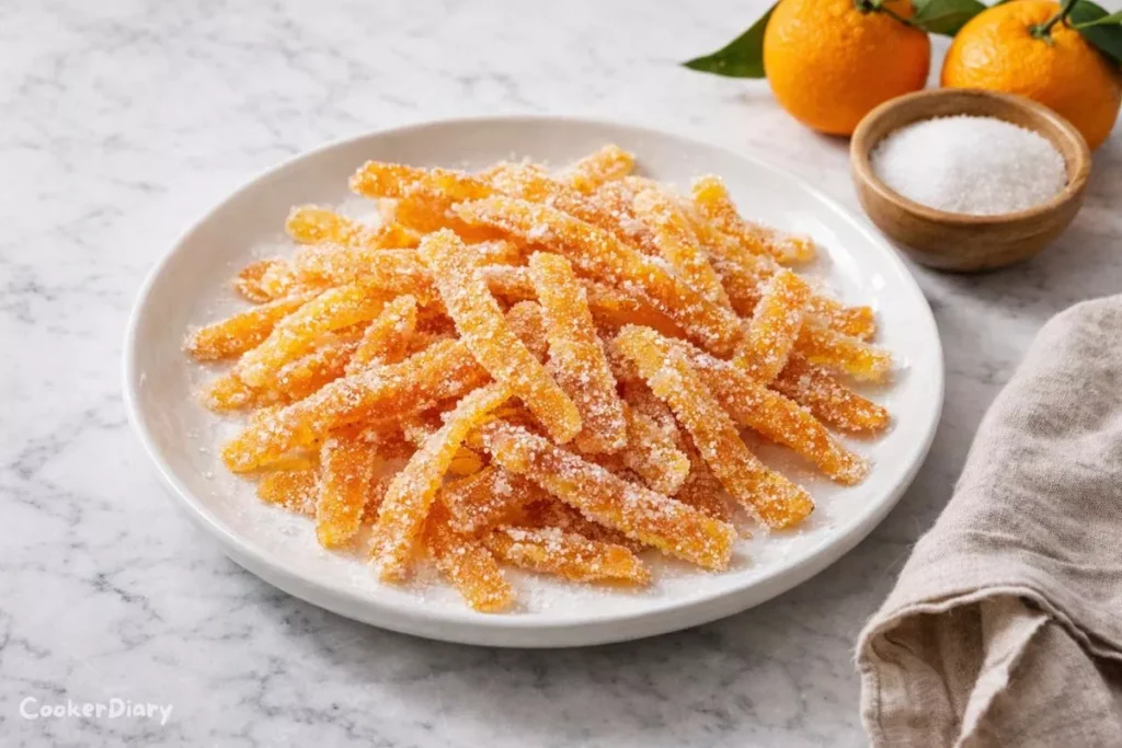 Top-down view of homemade candied orange peel strips coated in sugar on a white plate.