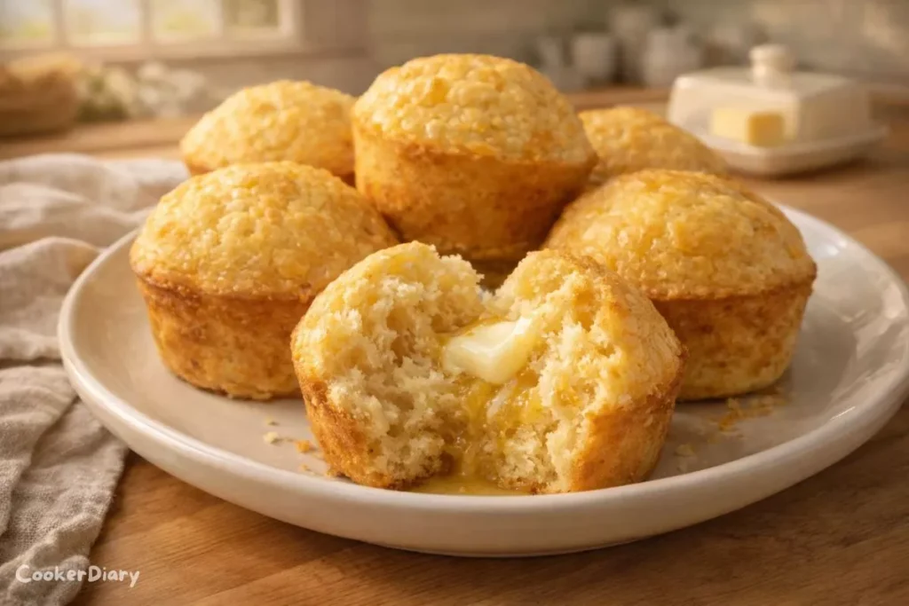 Angled close-up of split corn muffin with melting butter on a ceramic plate.