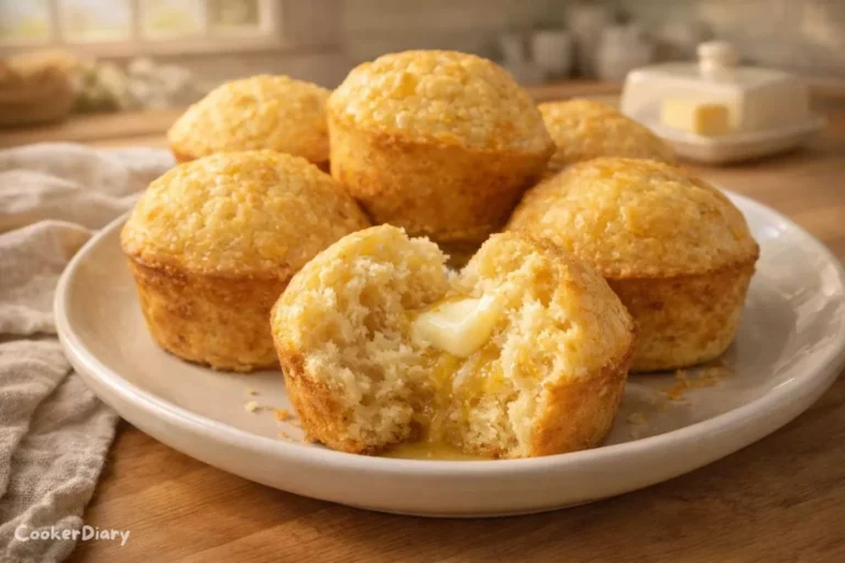 Angled close-up of split corn muffin with melting butter on a ceramic plate.