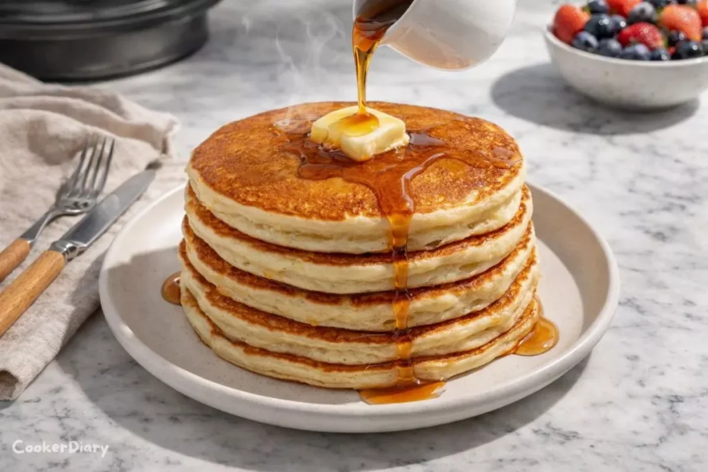 Fluffy IHOP-style pancakes stacked with melting butter and maple syrup on a white plate.