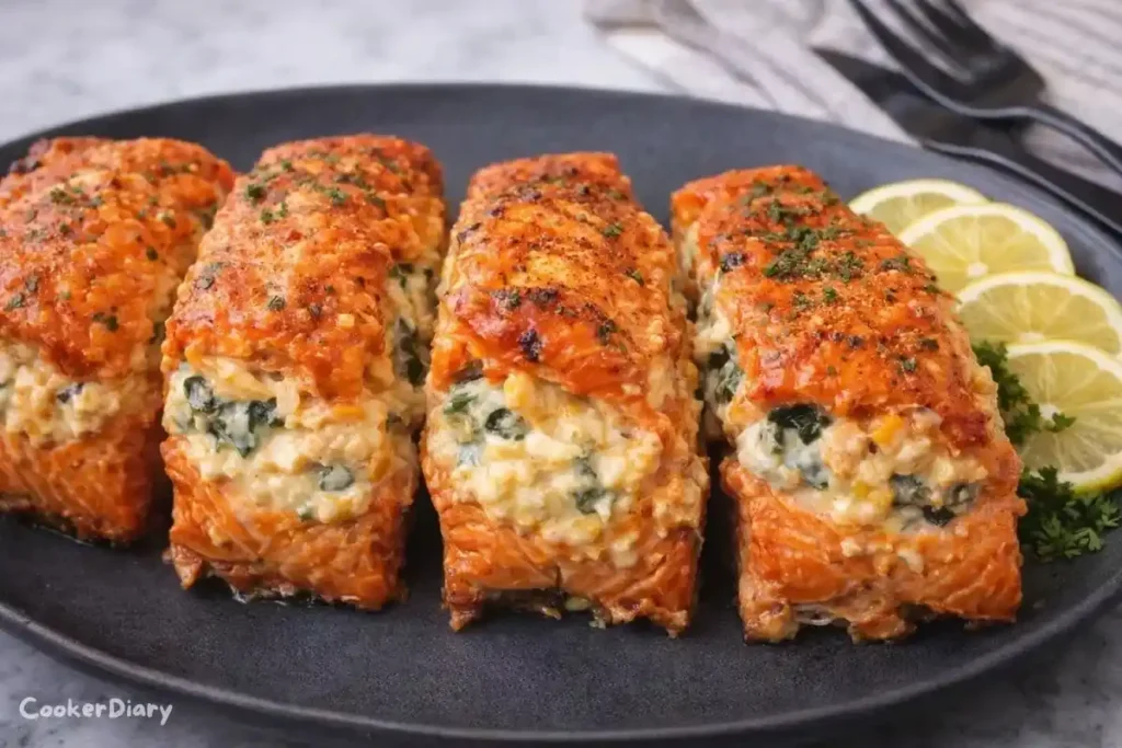 Angled close-up view showing creamy spinach filling inside air fryer stuffed salmon fillets.